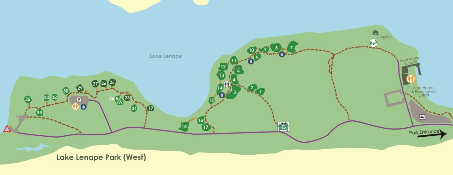 Shows locations of camp sites and roads